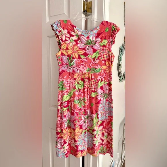 LILLY PULITZER CHERRY AZALEA PINK MARIPOSA DRESS! Flutter sleeve! SZ Small! - Picture 2 of 2